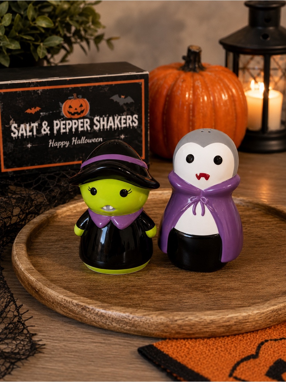 Halloween Dracula & Witch Salt and Pepper Shakers - Purple, Black, Green, White